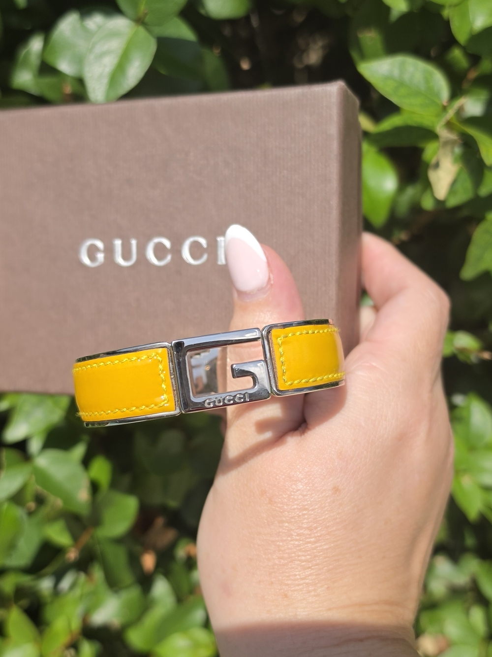 Gucci Leather G Hinge Bangle Mustard Color
Silver-Tone Metal & Leather
